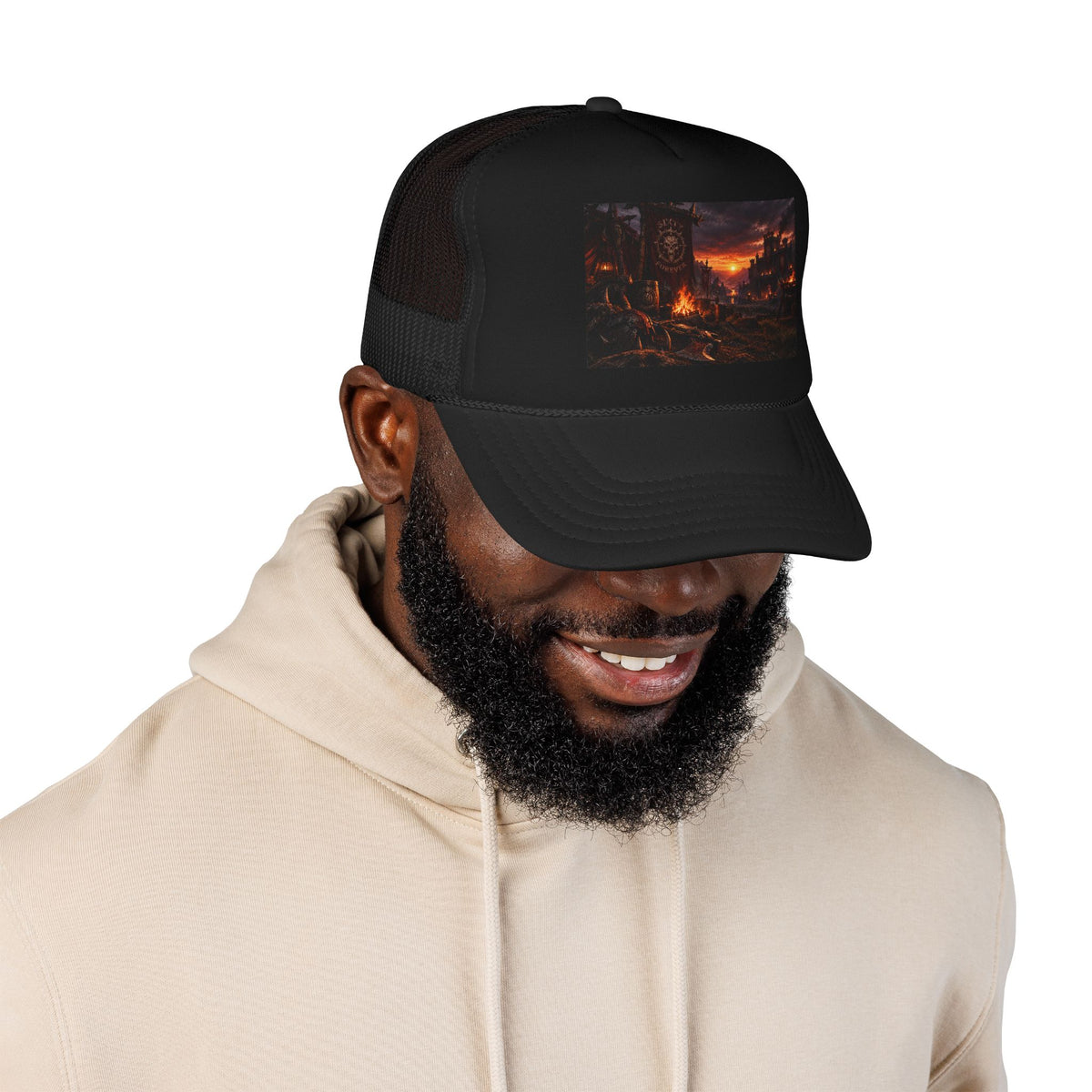 Post-Apocalyptic Campfire Foam Trucker Hat – Dark Dystopian Landscape