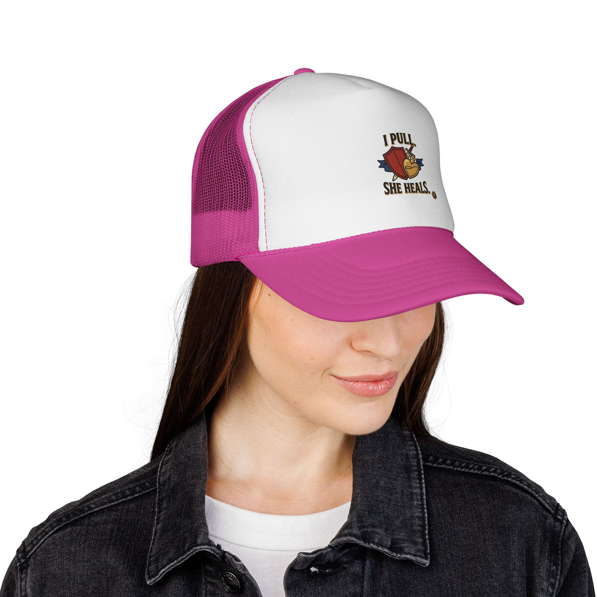 Trucker Hat — "I Pull, She Heals" Weightlifting Barbell Design