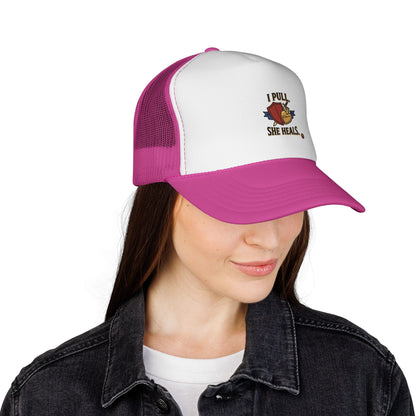 Trucker Hat — "I Pull, She Heals" Weightlifting Barbell Design