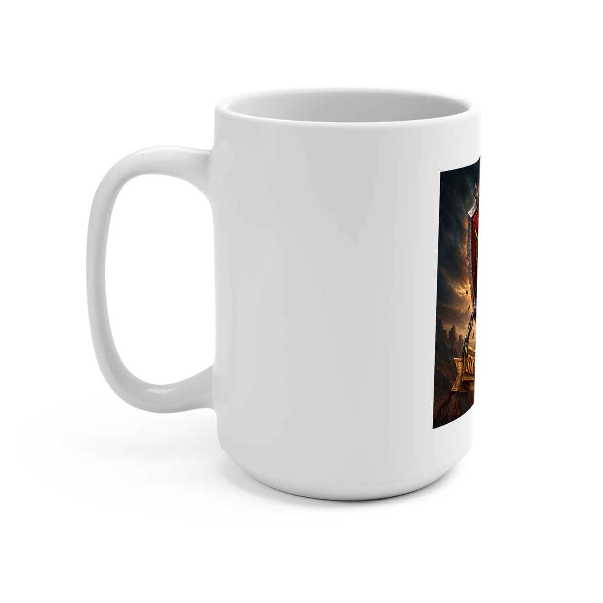 Warrior Crest Mug — Lion & Orc Split Shield "Sixty Forever Co" 15oz