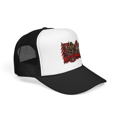 Red Till Dead Trucker Hat — Graphic Foam Mesh Cap for Bikers & Metal Fans