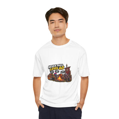 Never Pass Level 60 Gaming T-Shirt — Retro RPG Campfire Design