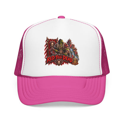 Red Till Dead Trucker Hat — Graphic Foam Mesh Cap for Bikers & Metal Fans