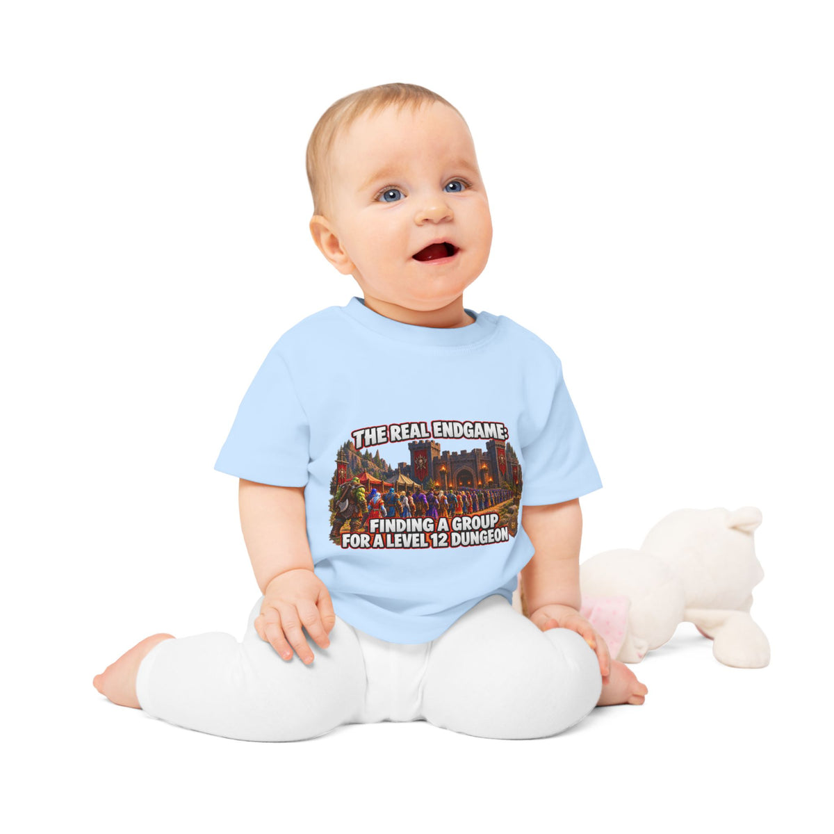 Baby T-Shirt – “The Real Endgame: Finding A Group For A Level 12 Dungeon” Gamer Onesie