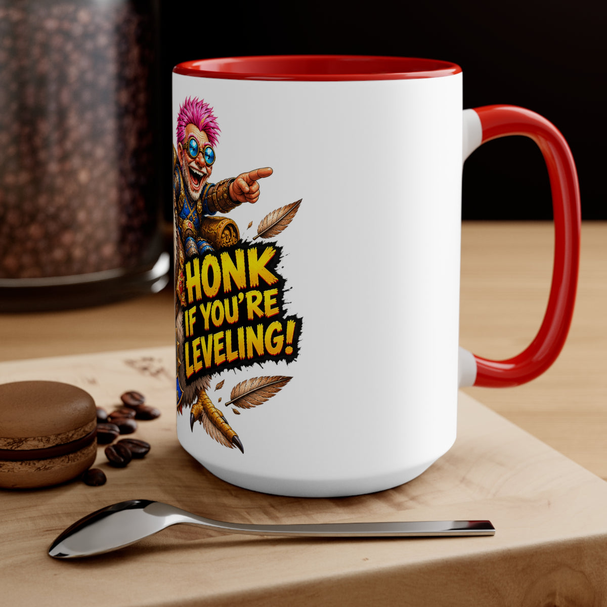 Gaming Mug — "Honk If You're Leveling" Funny Gamer Coffee Cup (Color Accent)