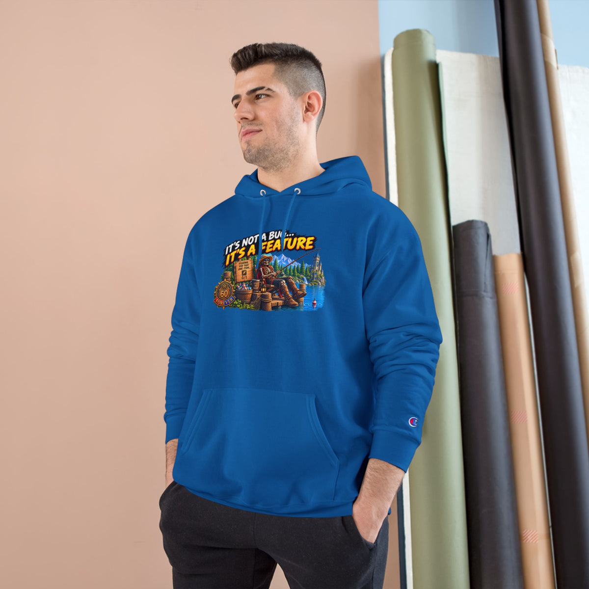 Champion Hoodie — "It's Not a Bug, It's a Feature" Retro Gamer Graphic Hoodie
