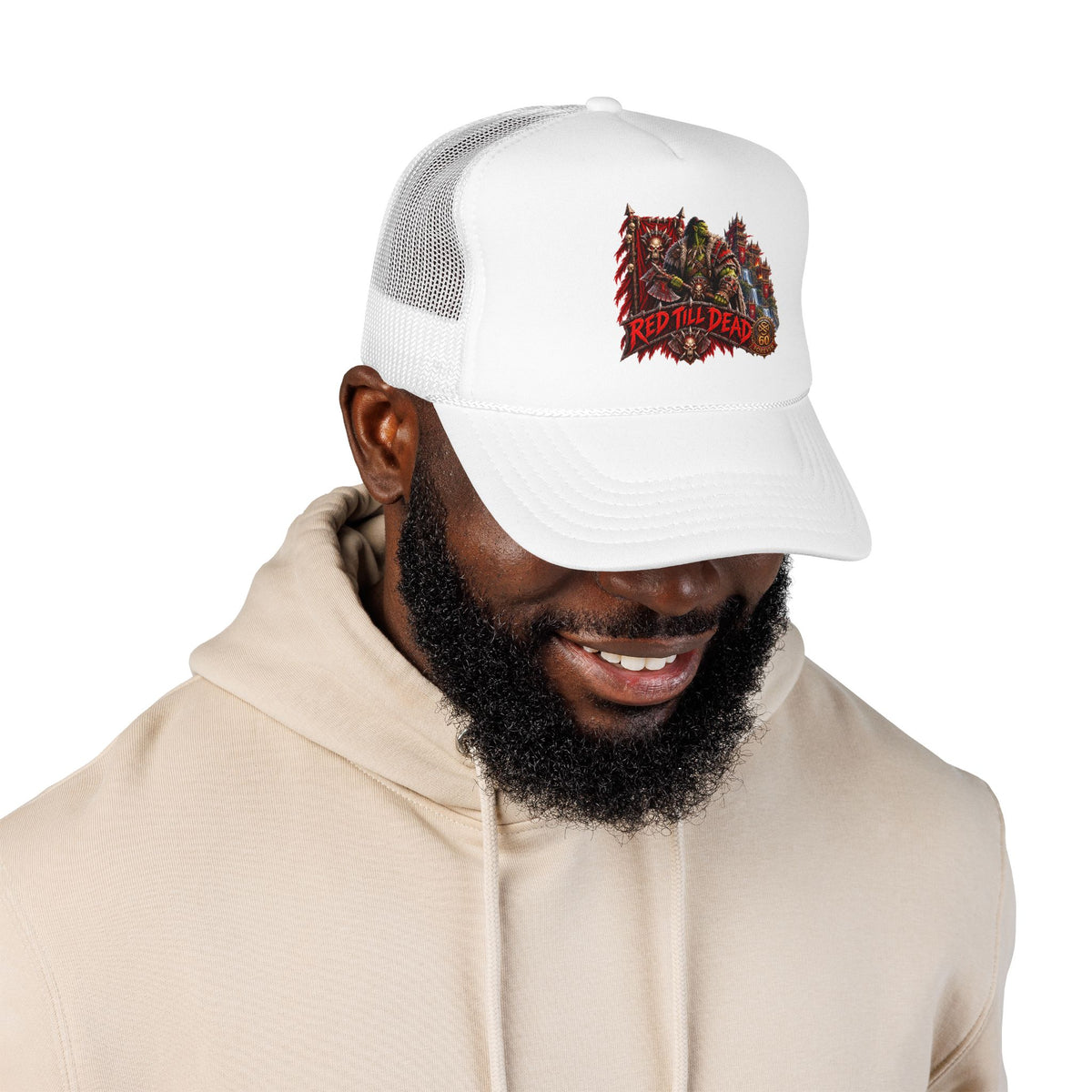 Red Till Dead Trucker Hat — Graphic Foam Mesh Cap for Bikers & Metal Fans