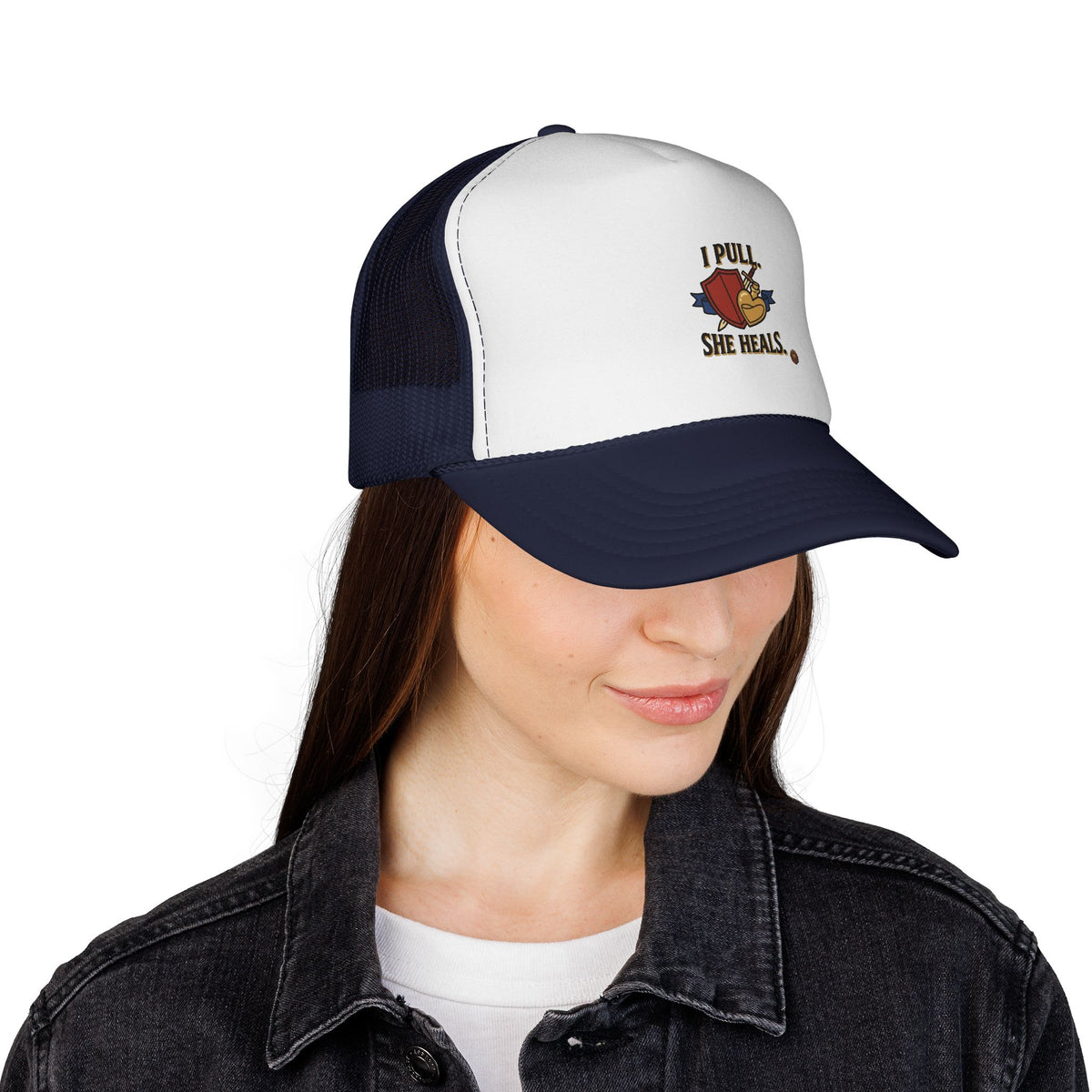 Trucker Hat — "I Pull, She Heals" Weightlifting Barbell Design