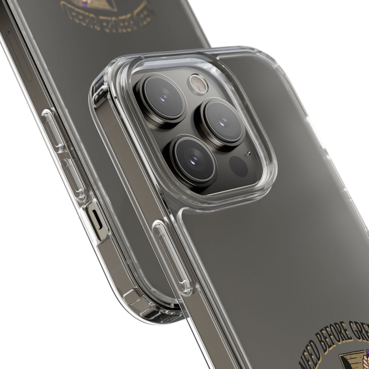 Clear Phone Case — "Need Before Greed" Treasure Chest Design