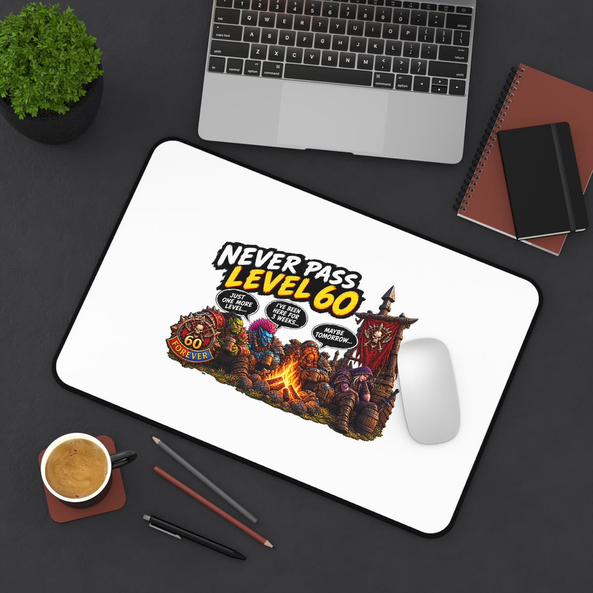 Never Pass Level 60 Desk Mat — Retro RPG Campfire Gaming Mousepad