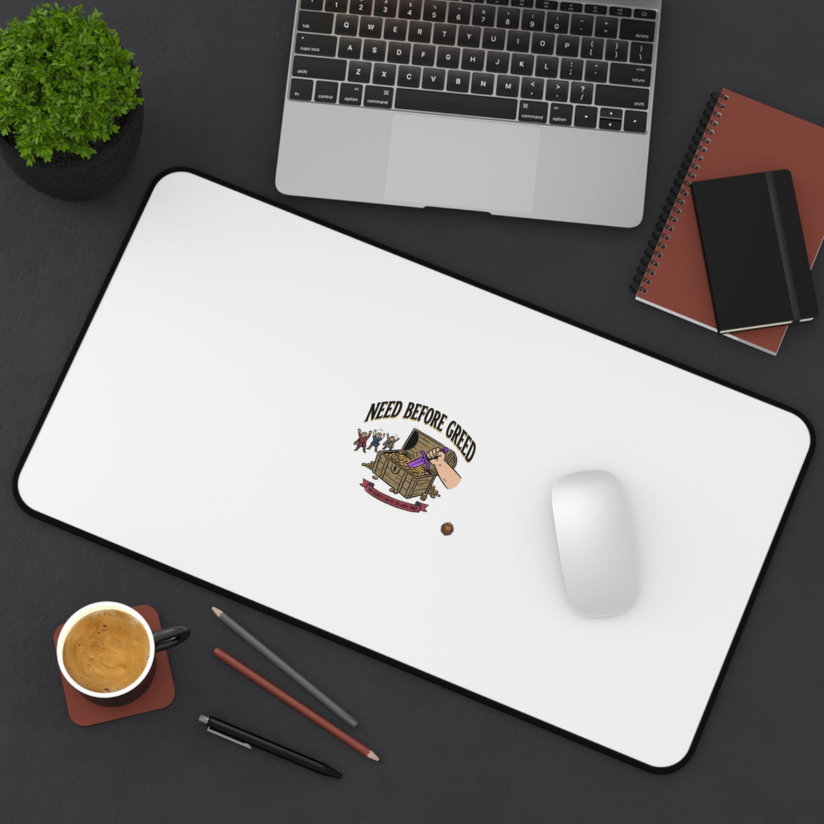Desk Mat — 'Need Before Greed' Gaming/Work Desk Mat (Minimal White Design)