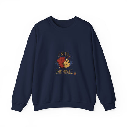 Crewneck Sweatshirt — “I Pull, She Heals” Veterinary/Animal Rescue Crewneck