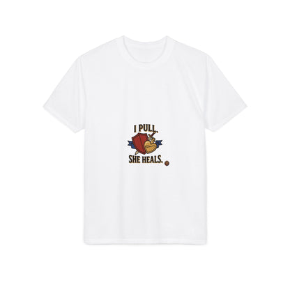 I Pull, She Heals Weightlifting T-Shirt — Couples Gym Workout Tee