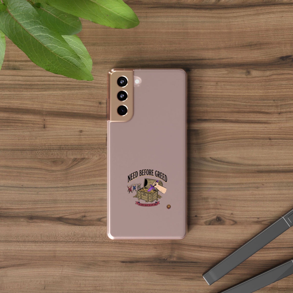 Clear Phone Case — "Need Before Greed" Treasure Chest Design