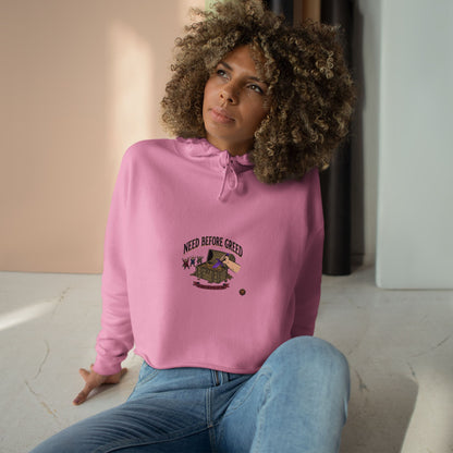 Crop Hoodie — "Need Before Greed" Cozy Graphic Crop Hoodie