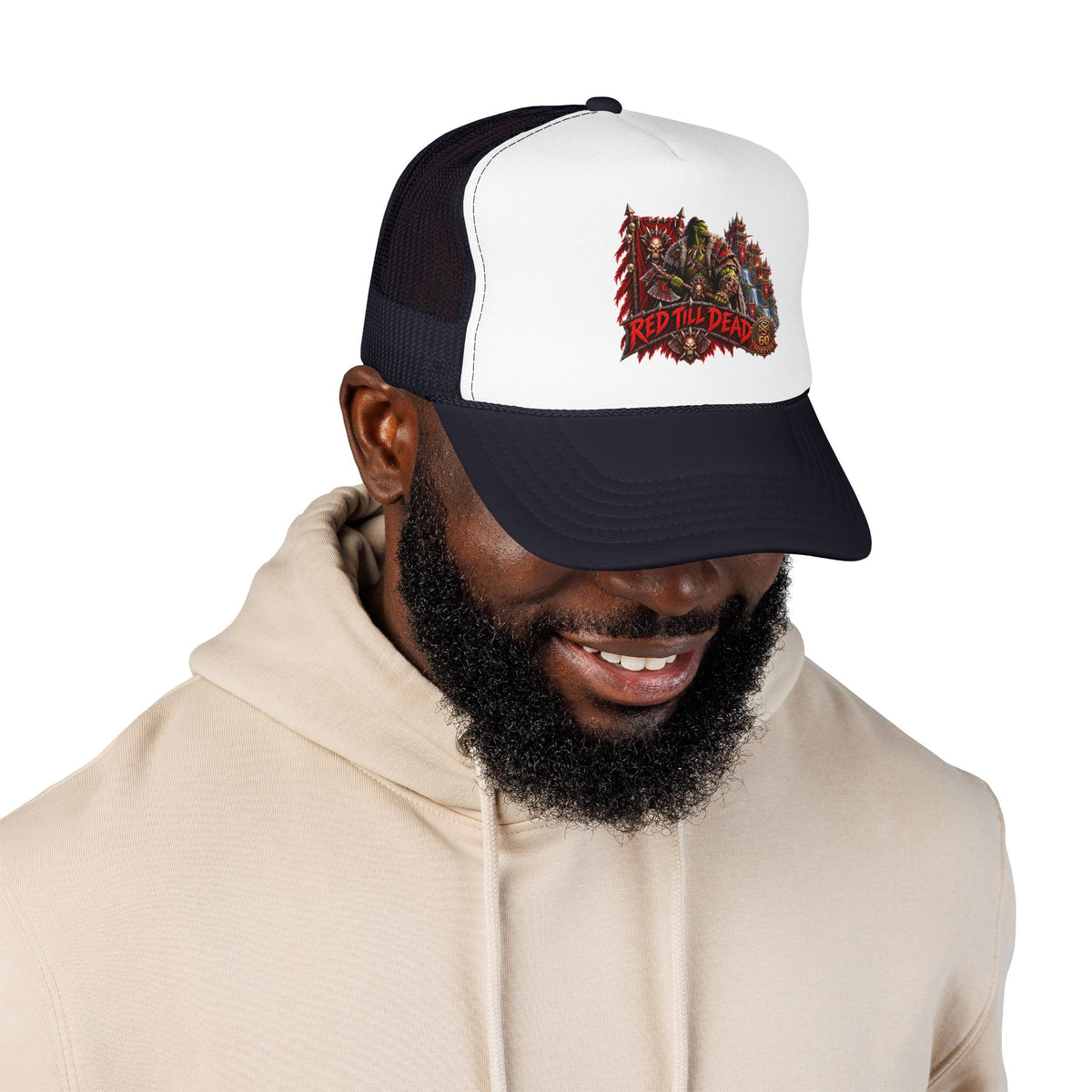 Red Till Dead Trucker Hat — Graphic Foam Mesh Cap for Bikers & Metal Fans