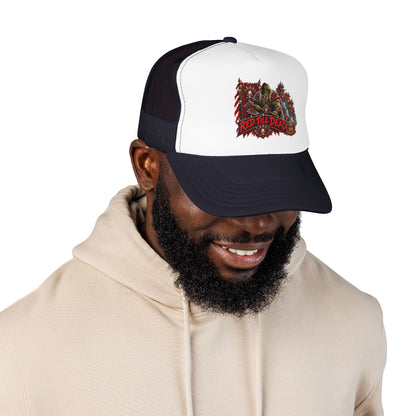 Red Till Dead Trucker Hat — Graphic Foam Mesh Cap for Bikers & Metal Fans