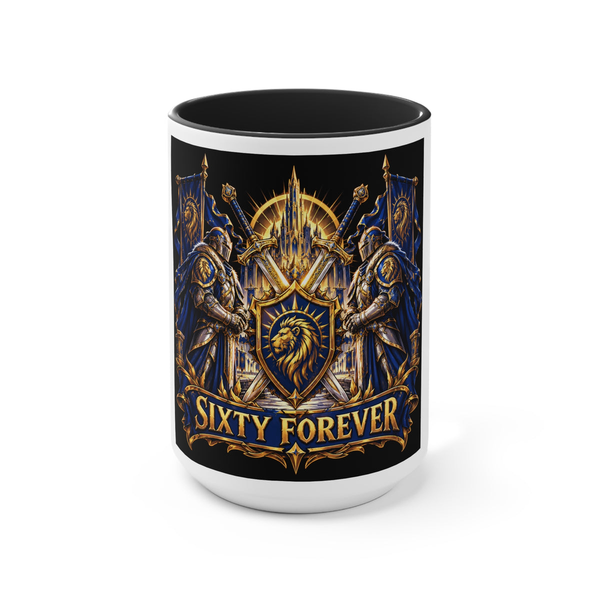 Sixty Forever Accent Mug — Medieval Crest Lion Shield Birthday Coffee Cup
