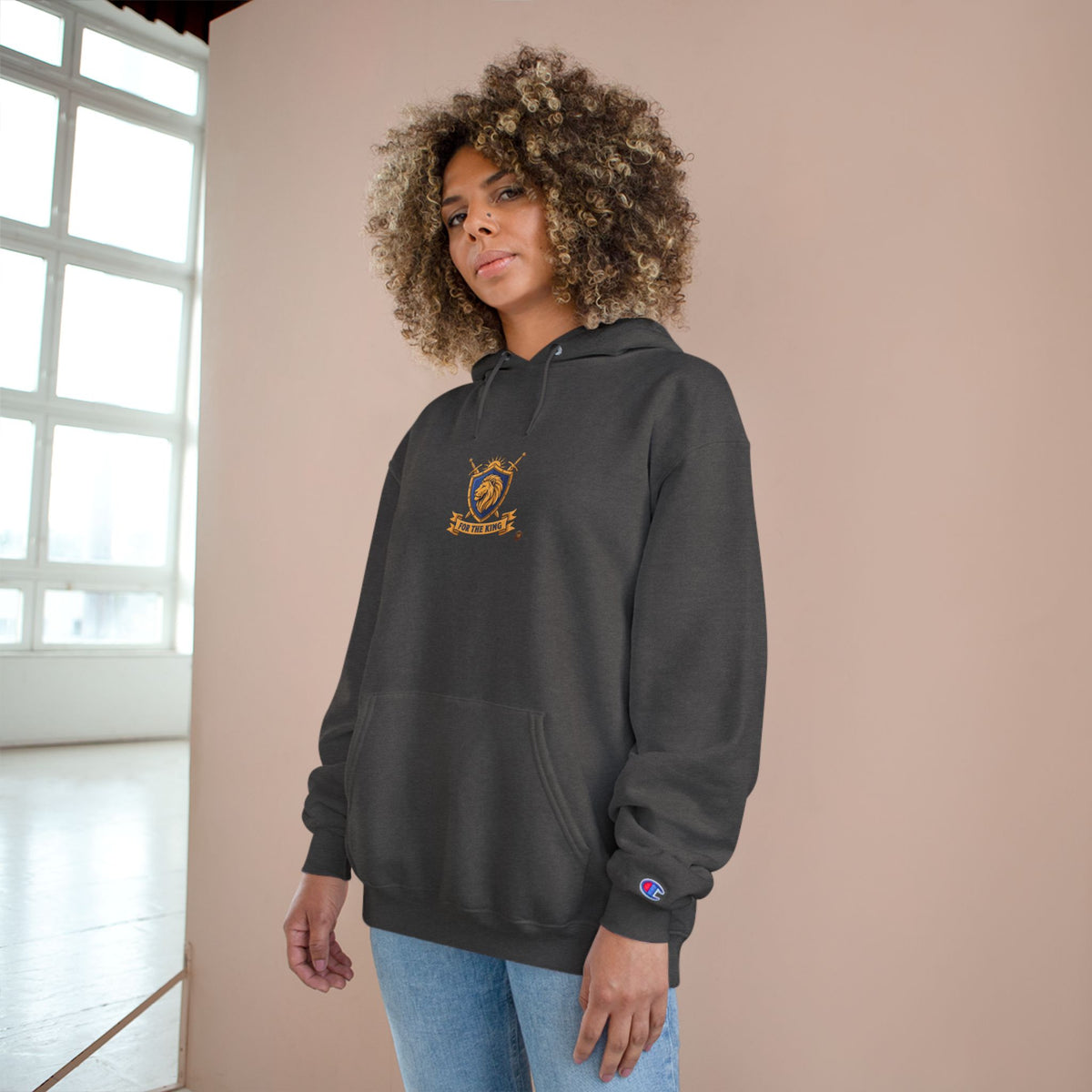 Champion Hoodie — Small Gold Crest Logo Athletic Pullover