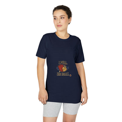 I Pull, She Heals Weightlifting T-Shirt — Couples Gym Workout Tee