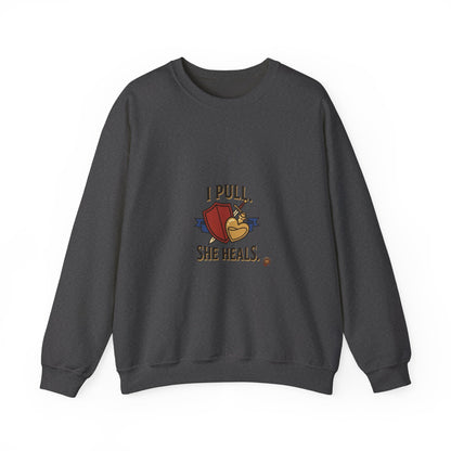 Crewneck Sweatshirt — “I Pull, She Heals” Veterinary/Animal Rescue Crewneck