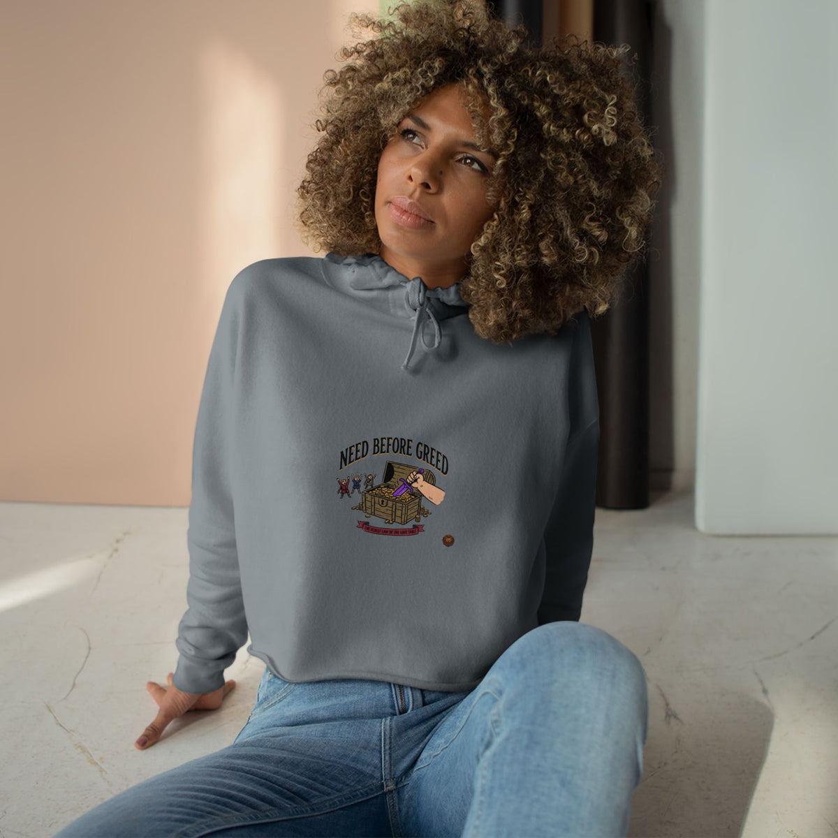 Crop Hoodie — "Need Before Greed" Cozy Graphic Crop Hoodie