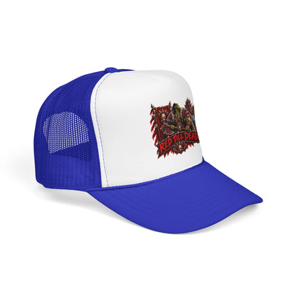 Red Till Dead Trucker Hat — Graphic Foam Mesh Cap for Bikers & Metal Fans
