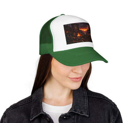 Post-Apocalyptic Campfire Foam Trucker Hat – Dark Dystopian Landscape