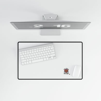 Large Desk Mat — Minimal White Gaming/Office Pad with 'All I Need Is Go In My Heart' Badge
