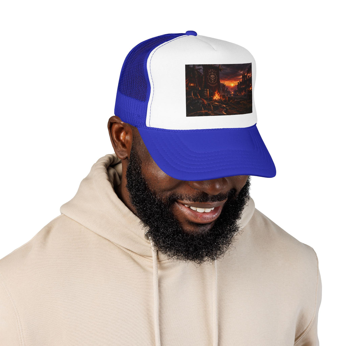 Post-Apocalyptic Campfire Foam Trucker Hat – Dark Dystopian Landscape