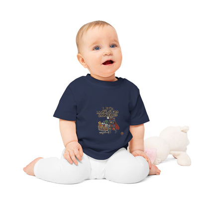Baby T-Shirt — "LFG: Looking For Groceries" Cute Superhero Grocery Cart Tee