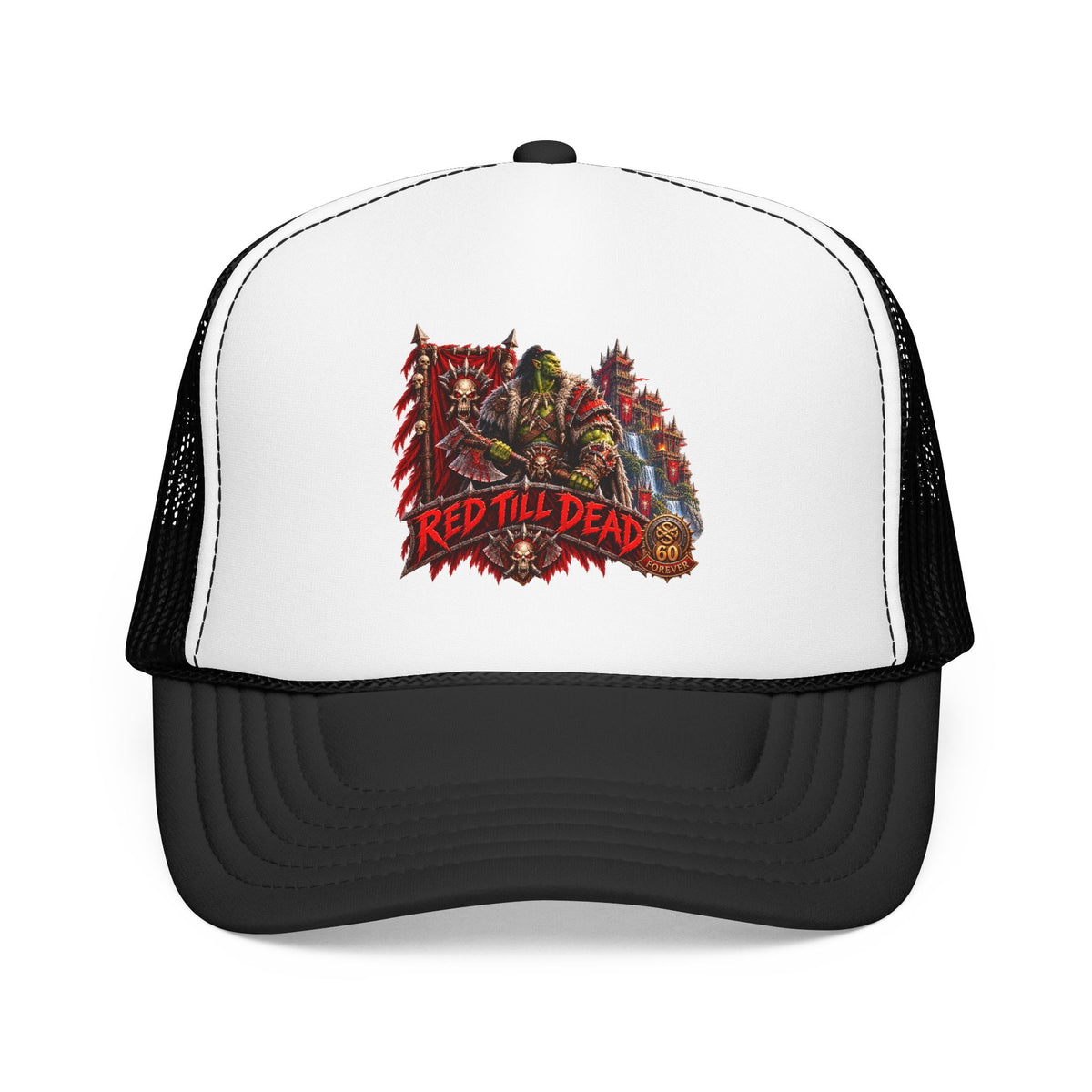 Red Till Dead Trucker Hat — Graphic Foam Mesh Cap for Bikers & Metal Fans