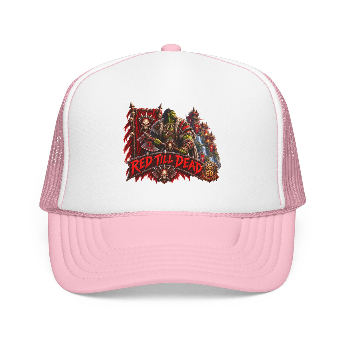 Red Till Dead Trucker Hat — Graphic Foam Mesh Cap for Bikers & Metal Fans