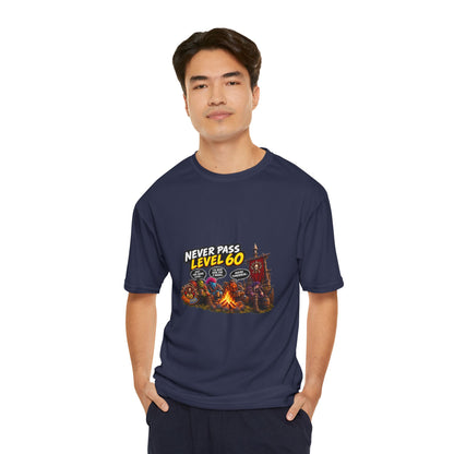 Never Pass Level 60 Gaming T-Shirt — Retro RPG Campfire Design