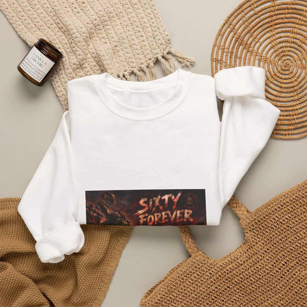 Sixty Forever Crewneck Sweatshirt — Gothic Fire Graphic Sweatshirt