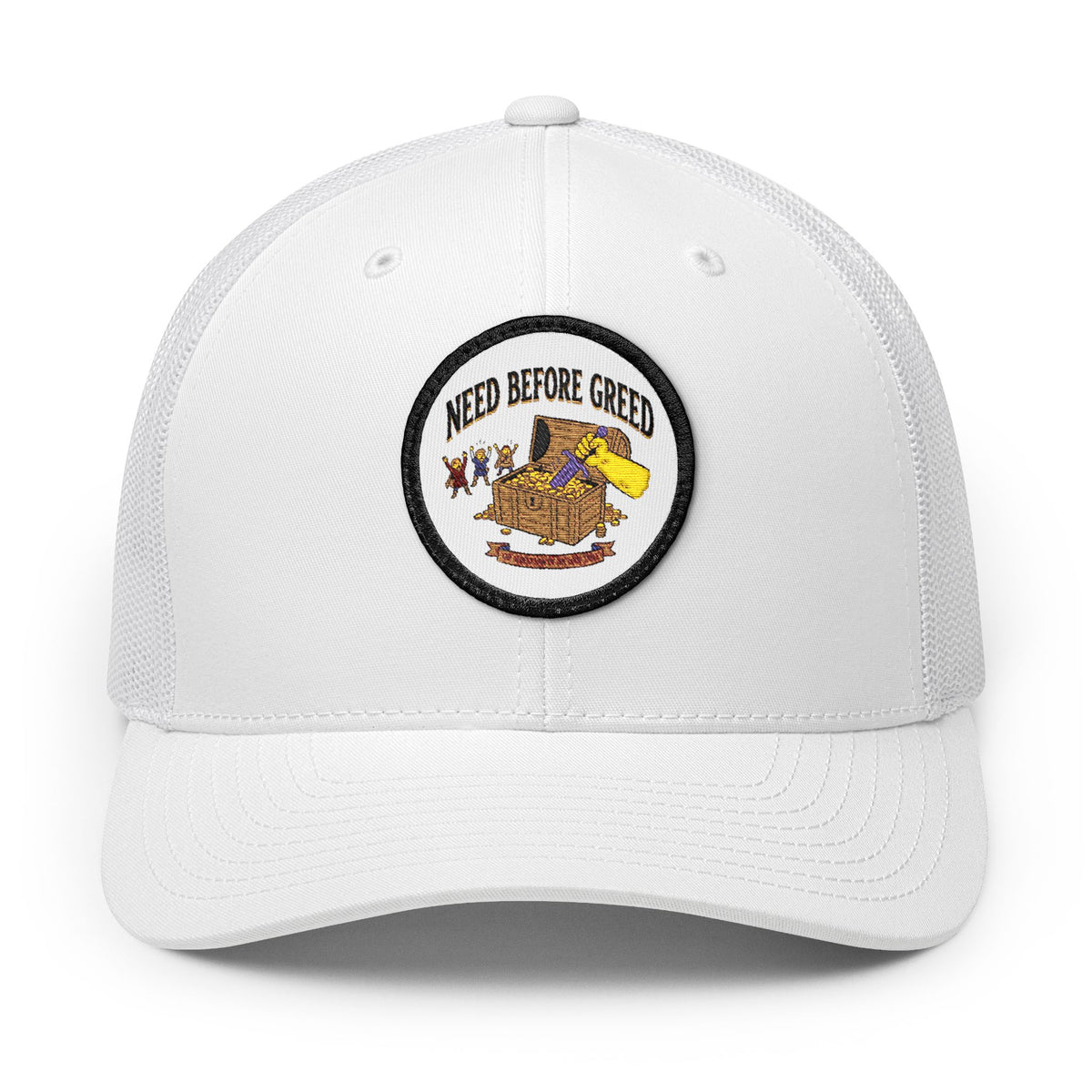Embroidered Trucker Cap — 'Need Before Greed' Patch