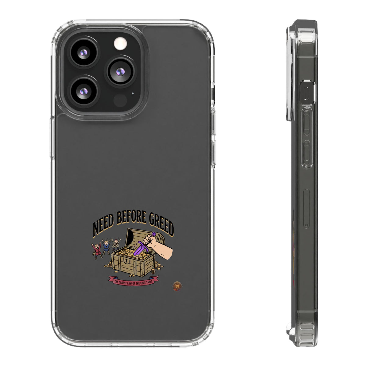 Clear Phone Case — "Need Before Greed" Treasure Chest Design