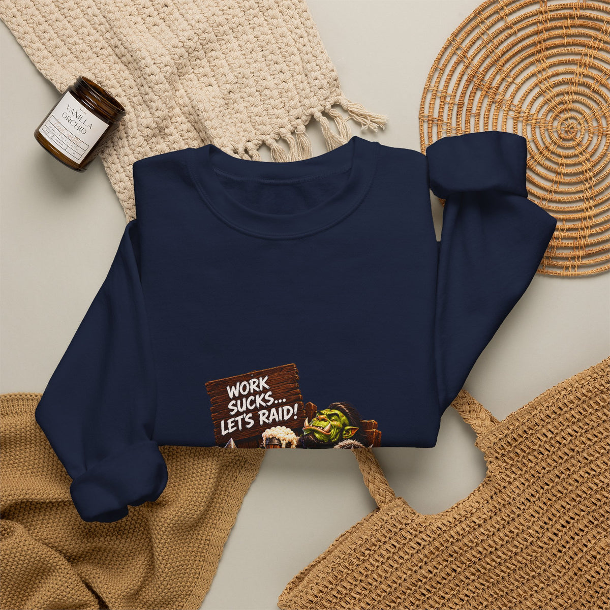 Crewneck Sweatshirt — 'Work Sucks, Let's Raid' Gamer Goblin Graphic