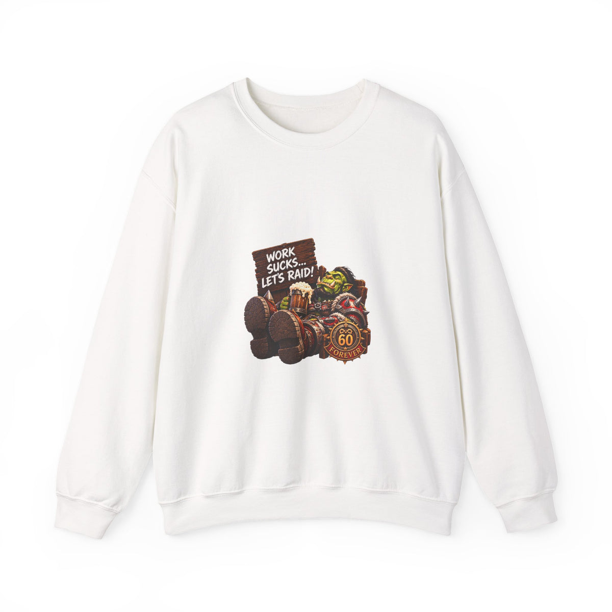Crewneck Sweatshirt — 'Work Sucks, Let's Raid' Gamer Goblin Graphic