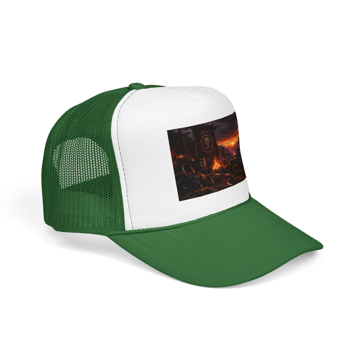 Post-Apocalyptic Campfire Foam Trucker Hat – Dark Dystopian Landscape