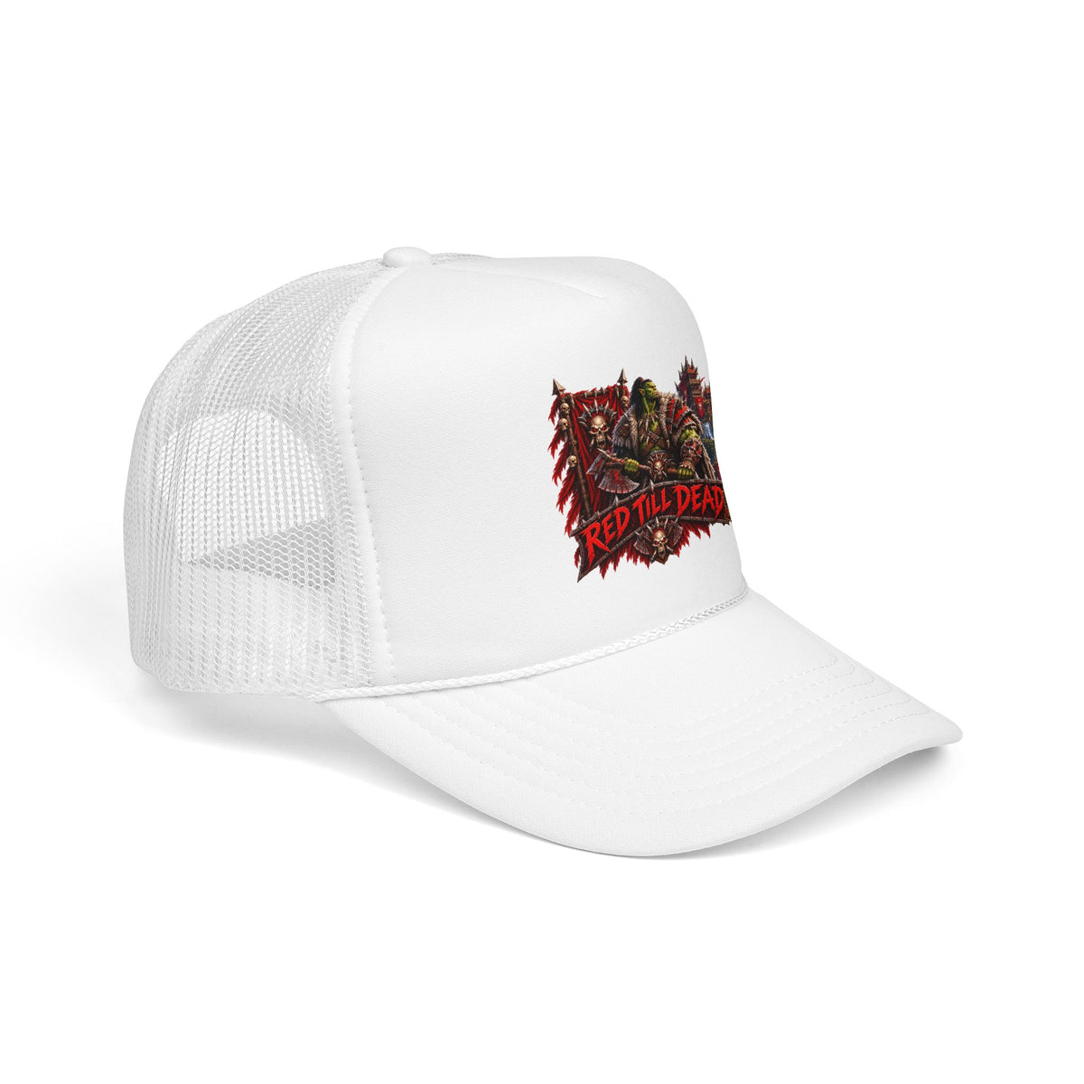 Red Till Dead Trucker Hat — Graphic Foam Mesh Cap for Bikers & Metal Fans