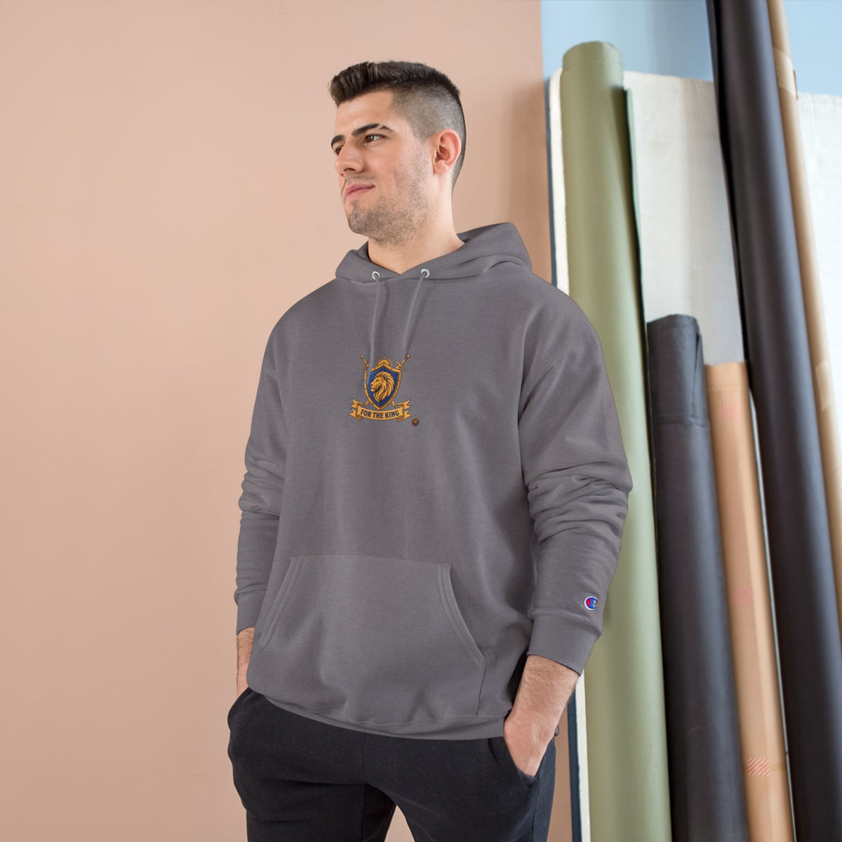 Champion Hoodie — Small Gold Crest Logo Athletic Pullover