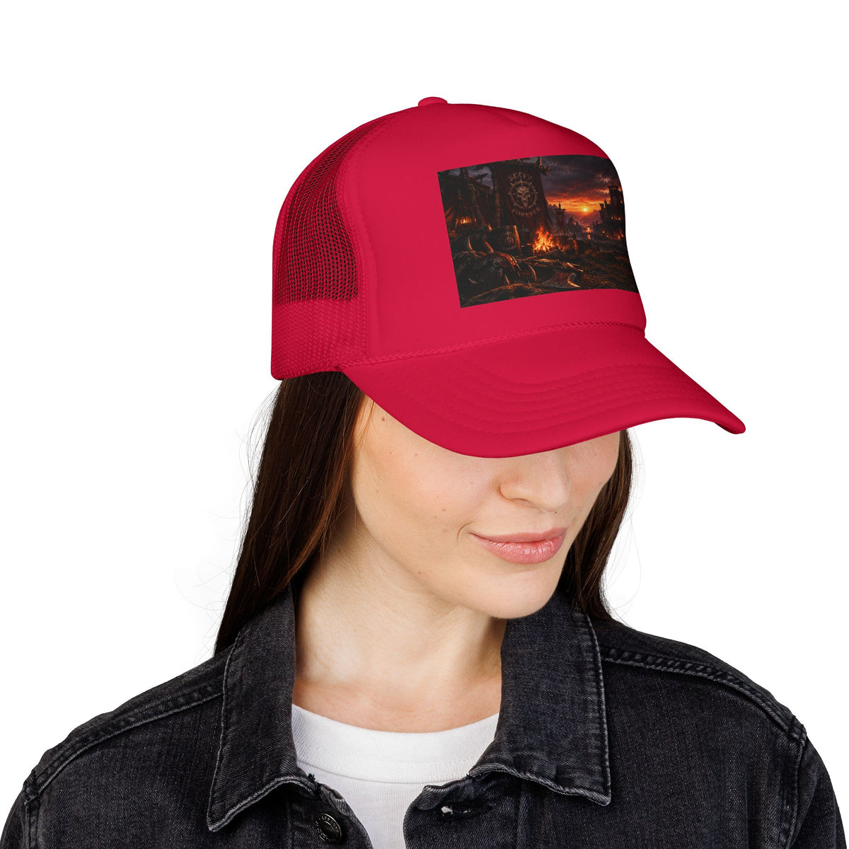 Post-Apocalyptic Campfire Foam Trucker Hat – Dark Dystopian Landscape