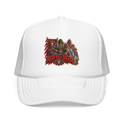 Red Till Dead Trucker Hat — Graphic Foam Mesh Cap for Bikers & Metal Fans