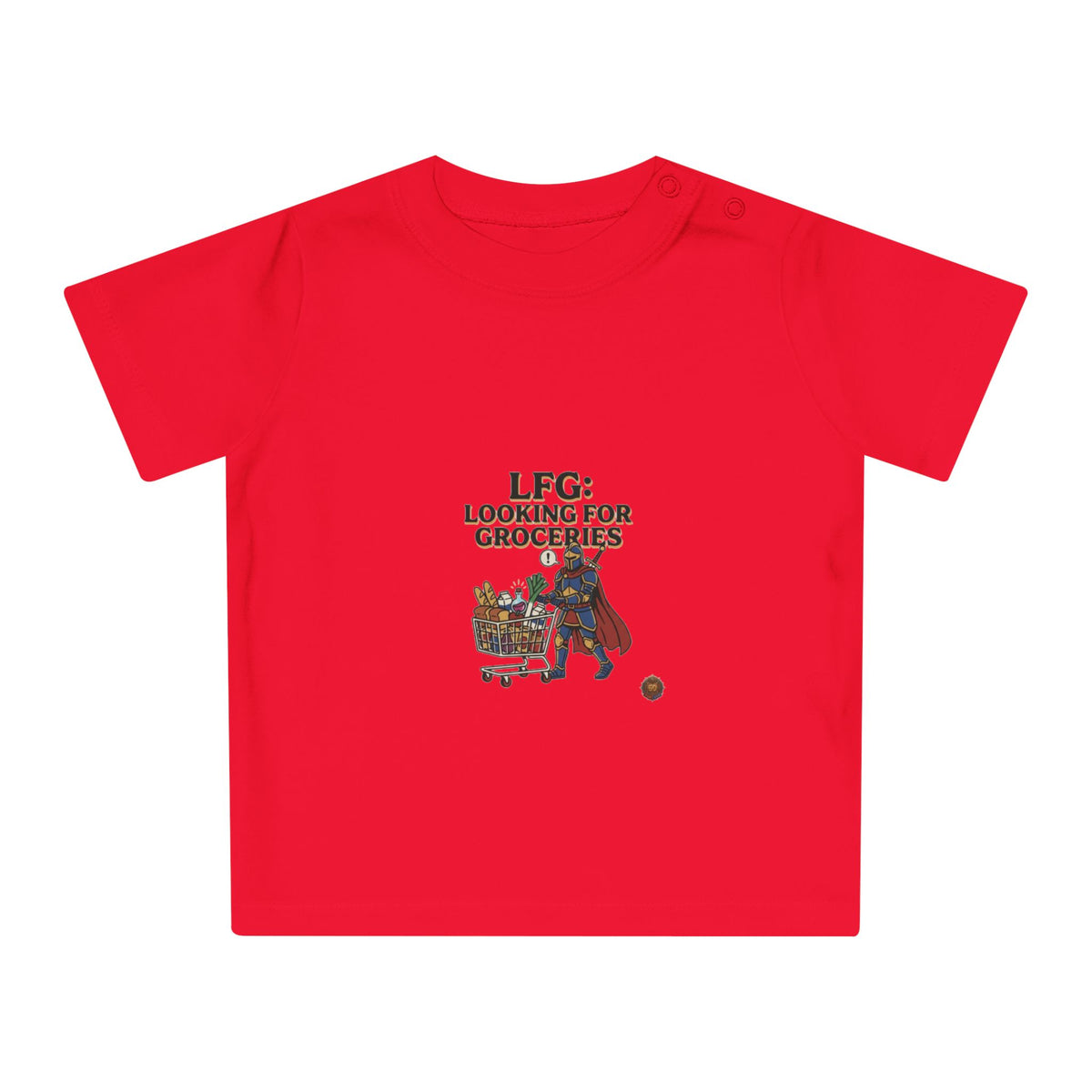 Baby T-Shirt — "LFG: Looking For Groceries" Cute Superhero Grocery Cart Tee