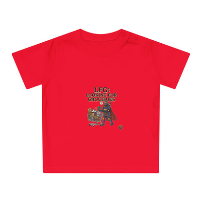 Baby T-Shirt — "LFG: Looking For Groceries" Cute Superhero Grocery Cart Tee