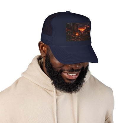 Post-Apocalyptic Campfire Foam Trucker Hat – Dark Dystopian Landscape