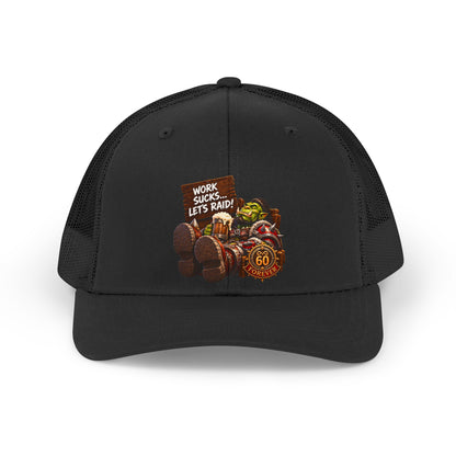Retro Trucker Hat — "Work Sucks, Let's Raid!" Vintage Gamer Road Trip Cap