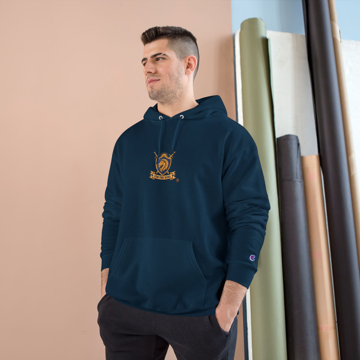 Champion Hoodie — Small Gold Crest Logo Athletic Pullover