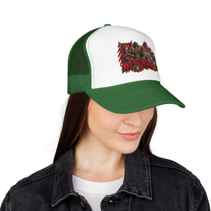 Red Till Dead Trucker Hat — Graphic Foam Mesh Cap for Bikers & Metal Fans
